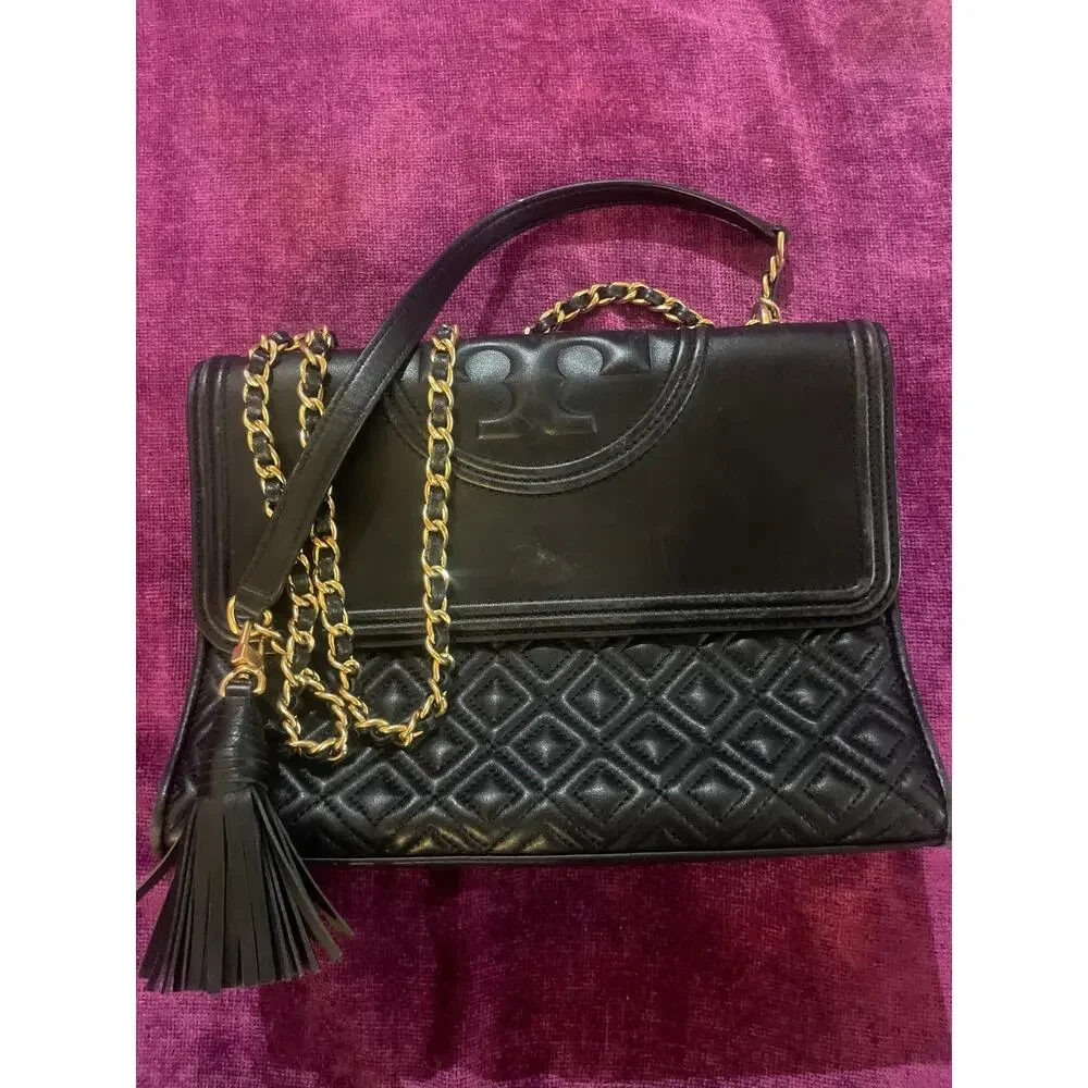 TORY BURCH Fleming Convertible Bag Purse Black PRE-OWNED with Wear